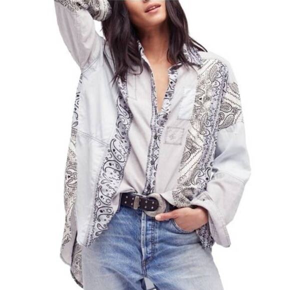 Free People All Patched Up Bandana Patchwork Button Up Shirt Sz M Lagenlook Boho - Picture 1 of 7